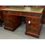 A VICTORIAN MAHOGANY PEDESTAL DESK, C1870, THE GILT TOOLED GREEN LEATHER INLET TOP FITTED WITH EIGHT