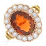 A CITRINE AND SPLIT PEARL CLUSTER RING,  ON ASSOCIATED GOLD HOOP WITH PIERCED SHOULDERS, UNMARKED,