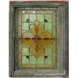 AN EDWARDIAN LEADED GLASS DOOR OR WINDOW LIGHT IN PAINTED WOOD FRAME, 70 X 88CM Evident from