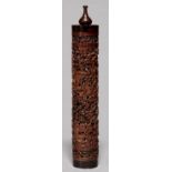 A CHINESE BAMBOO CRICKET CAGE, PROBABLY 19TH C, CYLINDRICAL, FINELY CARVED WITH A CRICKET CATCHER
