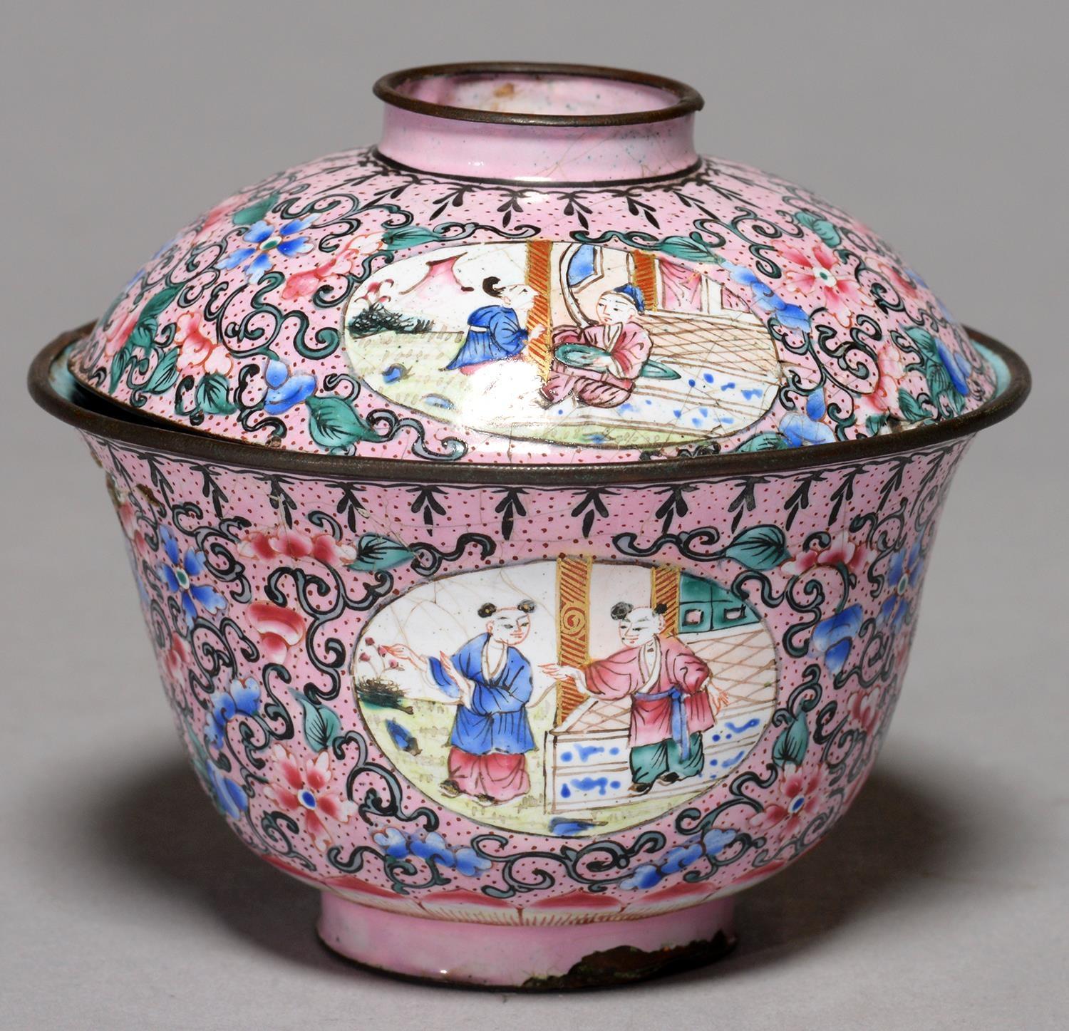 A CANTON PAINTED ENAMEL PINK GROUND BOWL AND STAND, 19TH C, PAINTED WITH OVAL FRAMED SCENES AND