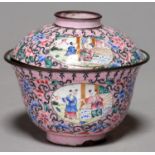 A CANTON PAINTED ENAMEL PINK GROUND BOWL AND STAND, 19TH C, PAINTED WITH OVAL FRAMED SCENES AND