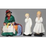 THREE ROYAL DOULTON BONE CHINA FIGURES, COMPRISING SILKS AND RIBBONS, BEDTIME AND DARLING, THE FIRST