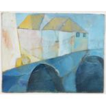 BECKY BORMAN (1967- ) - WHITE BUILDINGS, SIGNED, MIXED MEDIA ON BOARD, 23.5 X 30CM Good condition