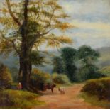 BRITISH SCHOOL, LATE 19TH C - FIGURE AND LIVESTOCK ON A WOODED LANE, OIL ON ARTIST'S BOARD, 27 X
