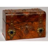 A VICTORIAN BRASS BOUND WALNUT BOX WITH AGATE CABOCHONS, 22.5CM L Slight damage; gutted