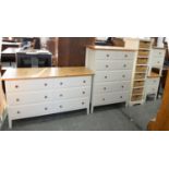 A SUITE OF MODERN WAXED PINE AND CREAM LAMINATE BEDROOM FURNITURE, COMPRISING TWO CHESTS OF DRAWERS,
