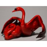 A ROYAL DOULTON FLAMBE GROUP OF SWANS - NESTLING DOWN, 20CM H, PRINTED MARK First quality and good