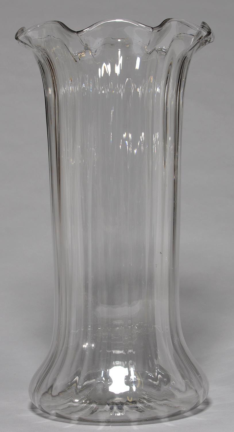 AN EDWARDIAN GLASS VASE, C1905, WITH FRILLED RIM AND SWOLLEN BASE, 60CM H, POLISHED PONTIL SCAR