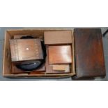 A VICTORIAN MAHOGANY AND STRAW BANDED WORK BOX, A PAPIER MACHE TRAY AND MISCELLANEOUS OTHER WOODEN