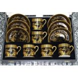 A SET OF SIX SPODE BLACK AND GILT CHINOISERIE BONE CHINA COFFEE CANS AND SAUCERS, C1980, SAUCER 13CM