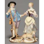 A MEISSEN GROUP OF SHEPHERDS, LATE 19TH C, HAND IN HAND, A LAMB AT THEIR FEET, 12CM H, INCISED 2488,