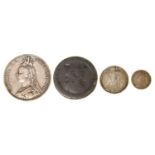 SILVER COIN. VICTORIA CROWN 1891, TWO OTHER SILVER COINS AND A CARTWHEEL PENNY