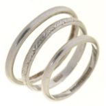 THREE PLATINUM WEDDING RINGS,  MARKED PLAT OR PLATINUM, 7.8G, SIZES H, N½ AND M (DISTORTED) Wear