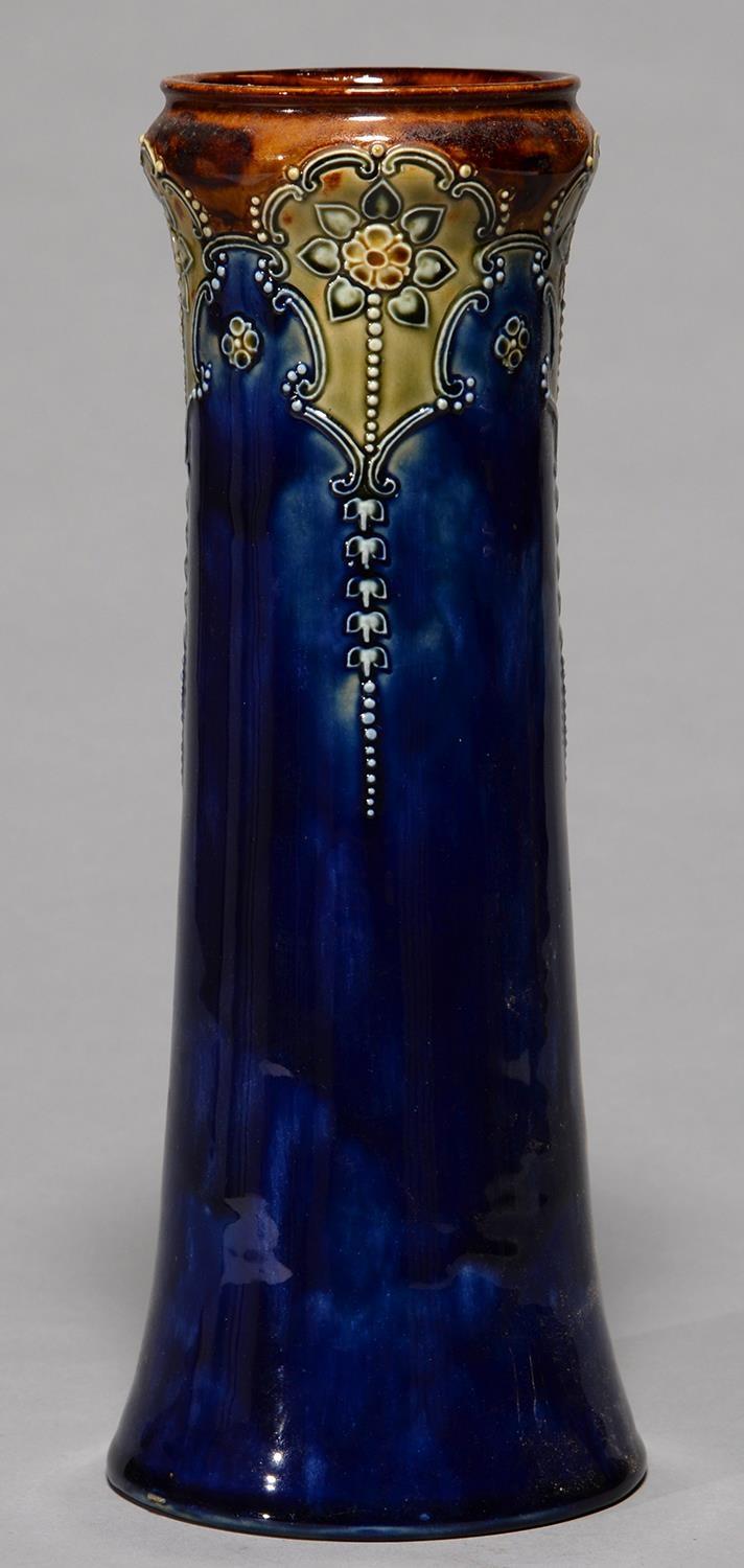 A DOULTON WARE VASE, C1900, OF SLIGHTLY WAISTED TAPERING SHAPE, SPRIGGED WITH PENDANT FOLIAGE OVER