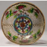 A JAPANESE PLIQUE A JOUR ENAMEL BOWL, FIRST HALF 20TH C, DECORATED WITH TREE PEONY AND MON ON A