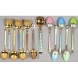 TWO SETS OF FIVE AND  SIX NORWEGIAN SILVER GILT AND HARLEQUIN GUILLOCHE ENAMEL COFFEE SPOONS AND TWO