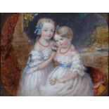 VICTORIAN SCHOOL - PORTRAIT OF TWO YOUNG CHILDREN, EACH IN A CORAL NECKLACE AND HOLDING FLOWERS, OIL