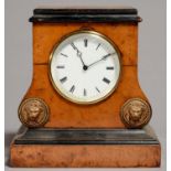 A FRENCH WALNUT AND EBONISED MANTLE CLOCK, LATE 19TH C, WITH BRASS LION MASK APPLIQUES, THE ENAMEL