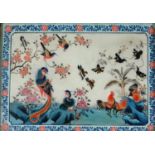A CHINESE EXPORT GLASS PAINTING OF BIRDS, FLOWERING PLANTS AND ROCKS IN TRAILING FLORAL BORDER, 34 X