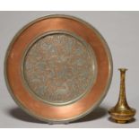 A CAIRO WARE BRASS VASE, LATE 19TH C, 15CM H AND AN INLAID METAL TRAY, THE UNDERSIDE TINNED (2) Good