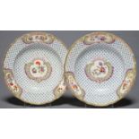 A PAIR OF ENGLISH PORCELAIN DIAPER MOULDED SOUP PLATES, PLATES C1830 IN SEVRES STYLE, PAINTED WITH