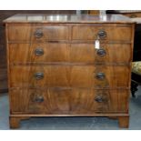 A VICTORIAN MAHOGANY CHEST OF DRAWERS, MID 19TH C, WITH CROSSBANDED TOP AND BRACKET FEET, 100CM H;