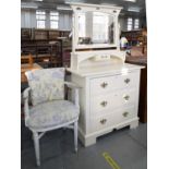 AN EDWARDIAN PINE DRESSING CHEST, WHITE PAINTED AT LATER DATE, 164CM H; 45 X 91CM AND AN ELBOW CHAIR