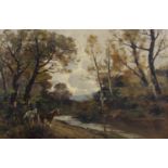 ITALIAN SCHOOL, 19TH CENTURY - WOODED LANDSCAPE WITH PONIES BY A RIVER, INDISTINCTLY SIGNED, (IN