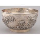 A CHINESE SILVER ROSE BOWL, LATE 19TH C,  APPLIED WITH CHRYSANTHEMUM DECORATION BENEATH MOULDED