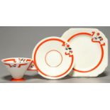 AN ART DECO SHELLEY BONE CHINA TEA SERVICE,  'J' PATTERN  COMPRISING SIX TEACUPS, SAUCERS AND PLATES