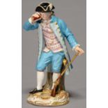 A MEISSEN FIGURE OF A GALLANT LOOKING THROUGH A TELESCOPE, LATE 19TH C, A GUN IN HIS OTHER HAND,
