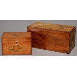 TWO GEORGE III MAHOGANY TEA CADDIES, C1800, CROSSBANDED AND LINE INLAID, ONE WITH SHELL PATERAE, THE