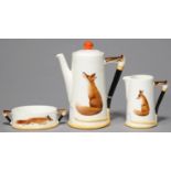 A ROYAL DOULTON REYNARD THE FOX COFFEE POT AND COVER, CREAM JUG AND SUGAR BOWL, C1930, COFFEE POT