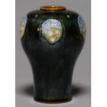 A DOULTON WARE VASE, EARLY 20TH C,  APPLIED TO THE BULBOUS UPPER PART SPRIGGED WITH FIVE STYLISED
