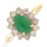 A JADE AND DIAMOND CLUSTER RING, WITH OVAL CABOCHON,  IN GOLD MARKED 18K  585, 3.5G, SIZE P Good
