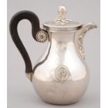 A FRENCH SILVER LIDDED JUG OF BALUSTER SHAPE, WITH MELON KNOP AND FOLIATE CHASED SPOUT, APPLIED WITH