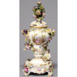 A MEISSEN FLORAL ENCRUSTED POT POURRI VASE, PEDESTAL AND STAND, LATE 19TH C, PAINTED ON THE PEAR