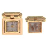 A PAIR OF UNUSUAL FRENCH MID CENTURY GOLD CUFFLINKS, C1950,  ONE INCORPORATING A UTI WATCH , WATCH