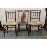 A PAIR OF VICTORIAN RUSH SEATED ASH SPINDLE BACK CHAIRS AND ONE OTHER, 19TH C (3) Good condition