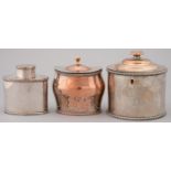 TWO OLD SHEFFIELD PLATE TEA CADDIES, EARLY 19TH C, THE LARGER GADROONED ROUND EXAMPLE WITH LOCK,