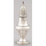 A GEORGE III PEAR SHAPEDSILVER  PEPPER CASTER AND COVER WITH ACORN FINIAL AND BEADED RIM, 14.5CM