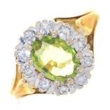 A PERIDOT AND DIAMOND CLUSTER RING, IN  18CT GOLD, LONDON 1972, 4G,  SIZE K Good condition