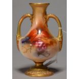 A ROYAL WORCESTER TWO HANDLED VASE, 1909, PAINTED BY KITTY BLAKE WITH BLACKBERRIES AND FLOWERS AND
