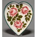 A ROBERT HERON & SONS WEMYSS WARE HEART SHAPED TRAY, C1900, PAINTED WITH ROSES, 41CM L, IMPRESSED