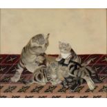 A JAPANESE NEEDLE PAINTING OF A CAT AND KITTENS, MEIJI PERIOD, A FRAGMENT REMOUNTED, 41 X 48CM
