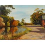 JEAN GOODWIN, 20TH/21ST CENTURY - NEW FOREST COTTAGE; A RIVERSIDE ROAD, A PAIR, BOTH SIGNED, OIL