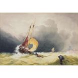 FOLLOWER OF W R BEVERLEY - FISHING BOATS IN A STORM OFF A LIGHTHOUSE, WATERCOLOUR, 25.5 X 38CM