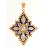 A VICTORIAN DIAMOND AND GOLD AND BLUE ENAMEL PENDANT, C1860, OF LOZENGE SHAPE WITH GOLD LOOP, 36 X