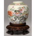 A CHINESE FAMILLE ROSE GINGER JAR, 19TH / 20TH C, ENAMELLED WITH BIRDS ON BRANCHES, THE DIAPER